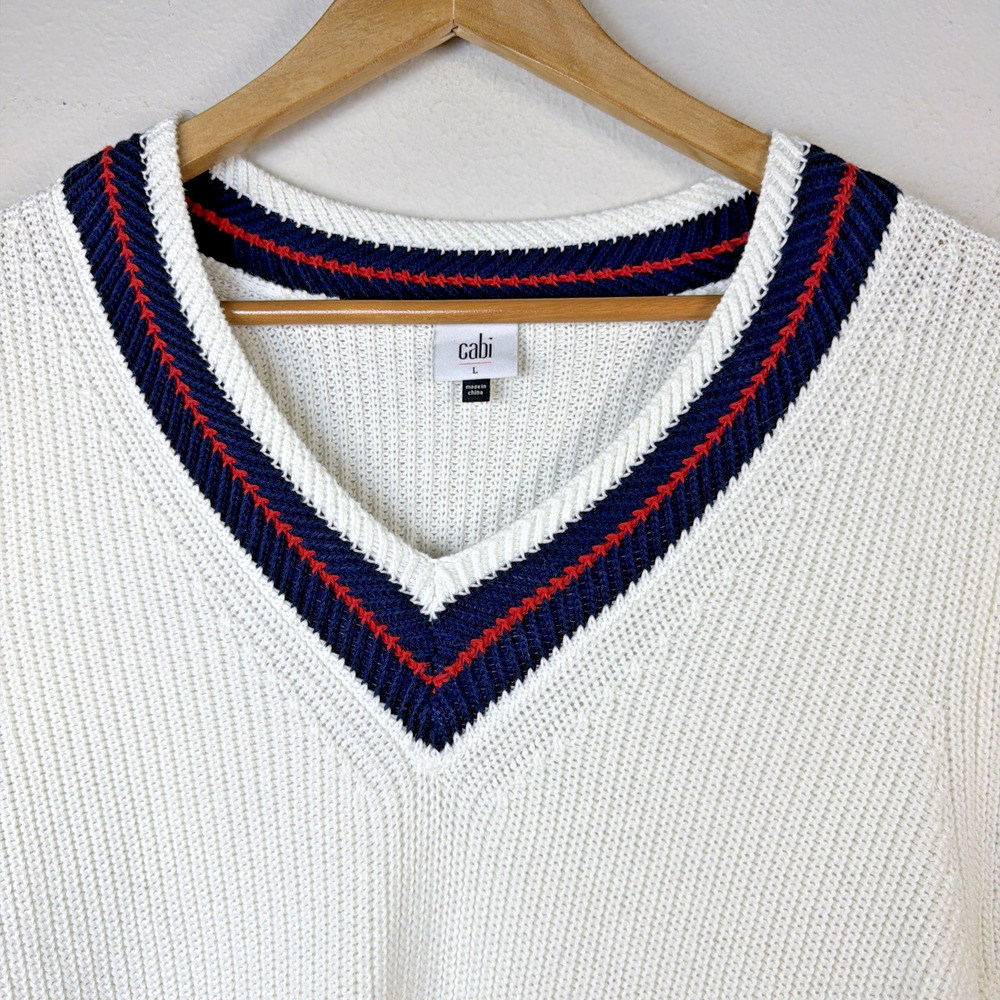 CABI Womens large White V Neck fisherman patriotic preppy sweater style #5639 - Picture 3 of 9